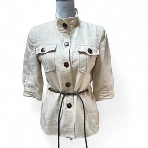 ZARA WOMAN Beige Linen Utility Jacket Safari Style Leather‎ Belted Office Medium